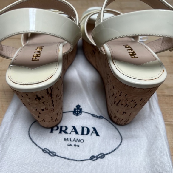 Prada Patent Leather Cream Color Nib Crisscross Wedge Sandals Size 37 - Picture 6 of 16